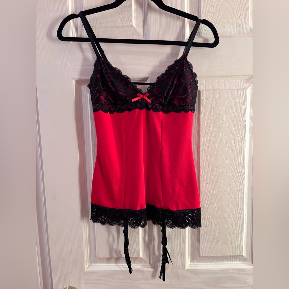 Red Lingerie with Black Lace & Garter Straps